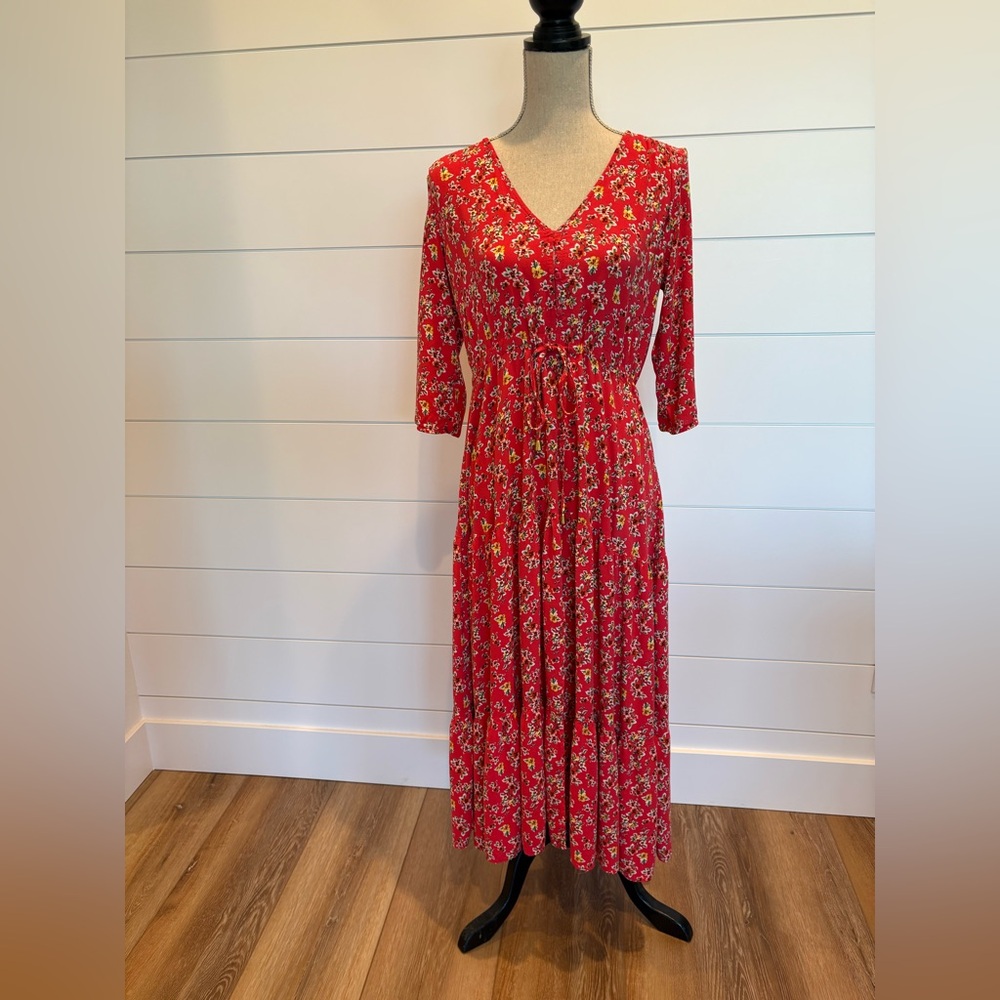 🔥SOLD🔥Sunday Mi Amor Boho Feminine V Neck Floral Red/Coral Maxi Dress Size M